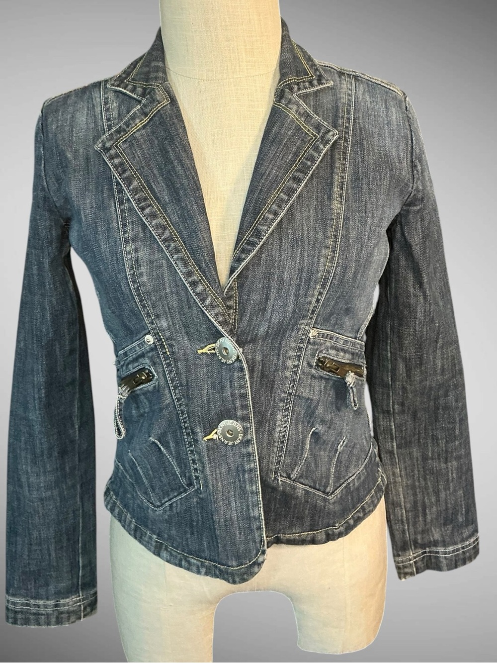 DKNY Jeans Y2K Denim Blazer Petite Small Zip Pocket Fitted Jacket
